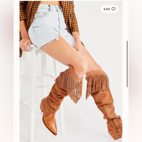 New Free People Sage Fringe Over-The-Knee Leather Boots Sz 7/37 Brown - Picture 1 of 7